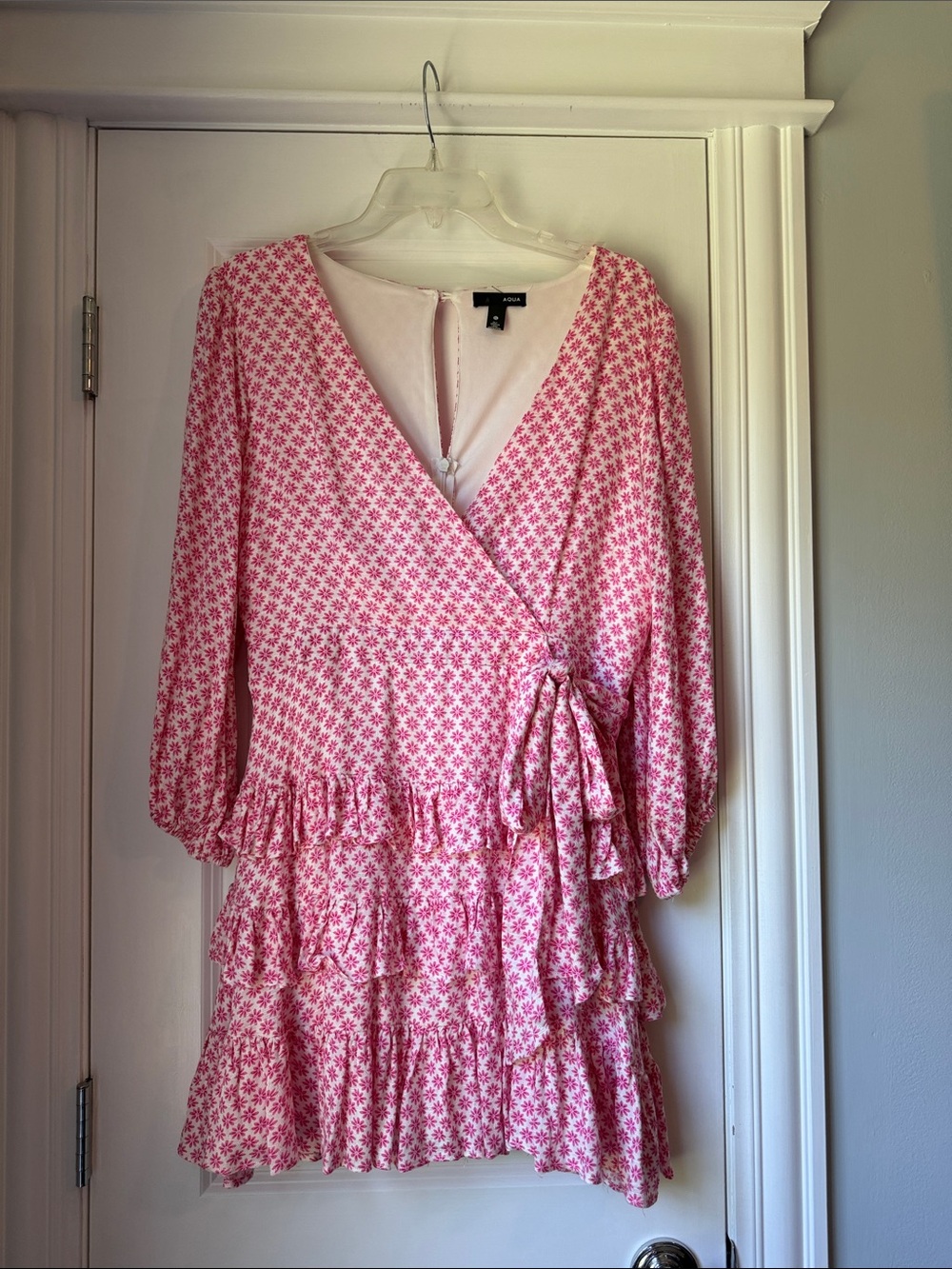 Aqua Pink Floral Wrap Ruffle Mini Dress